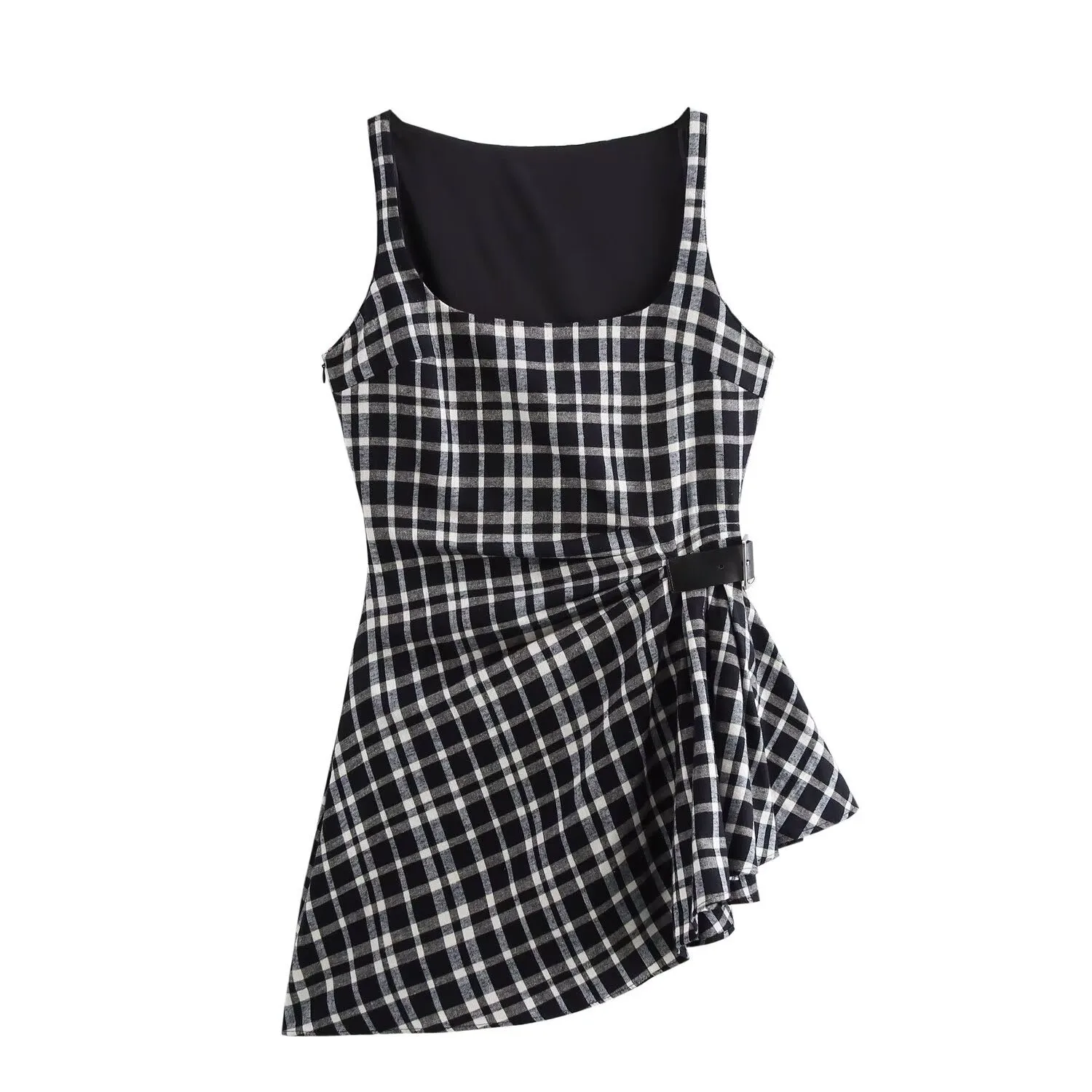 European And American Style Autumn And Winter New Black And White Plaid Flannel Shopping Mall Sleeveless Waist Dress