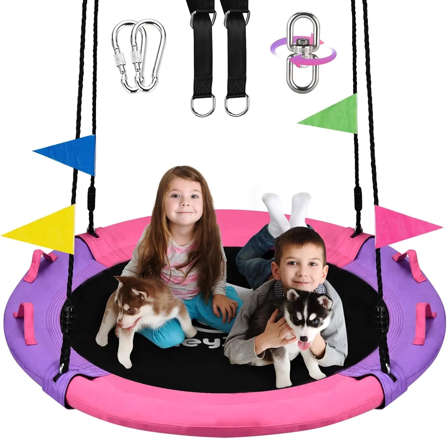 

43 Inch Saucer Swing for Kids, 900lbs Capacity with Adjustable Straps and 360 Swivel, Pink Purple