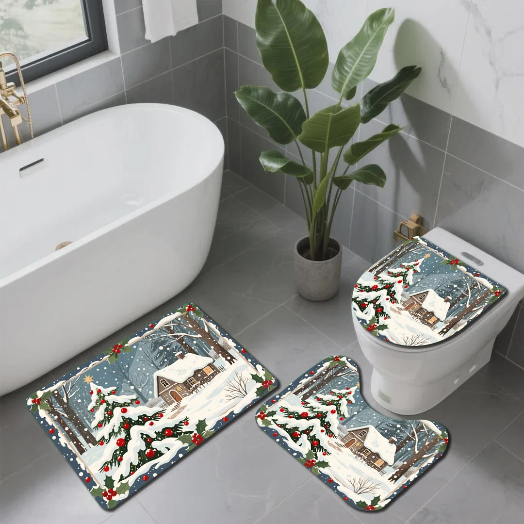 3‑Pieces Christmas Snow Branch Red‑Berry Cabin & Tree Bathroom Mat Set, Decor Rug Kit With Toilet Lid Cover & U‑Shaped Mat