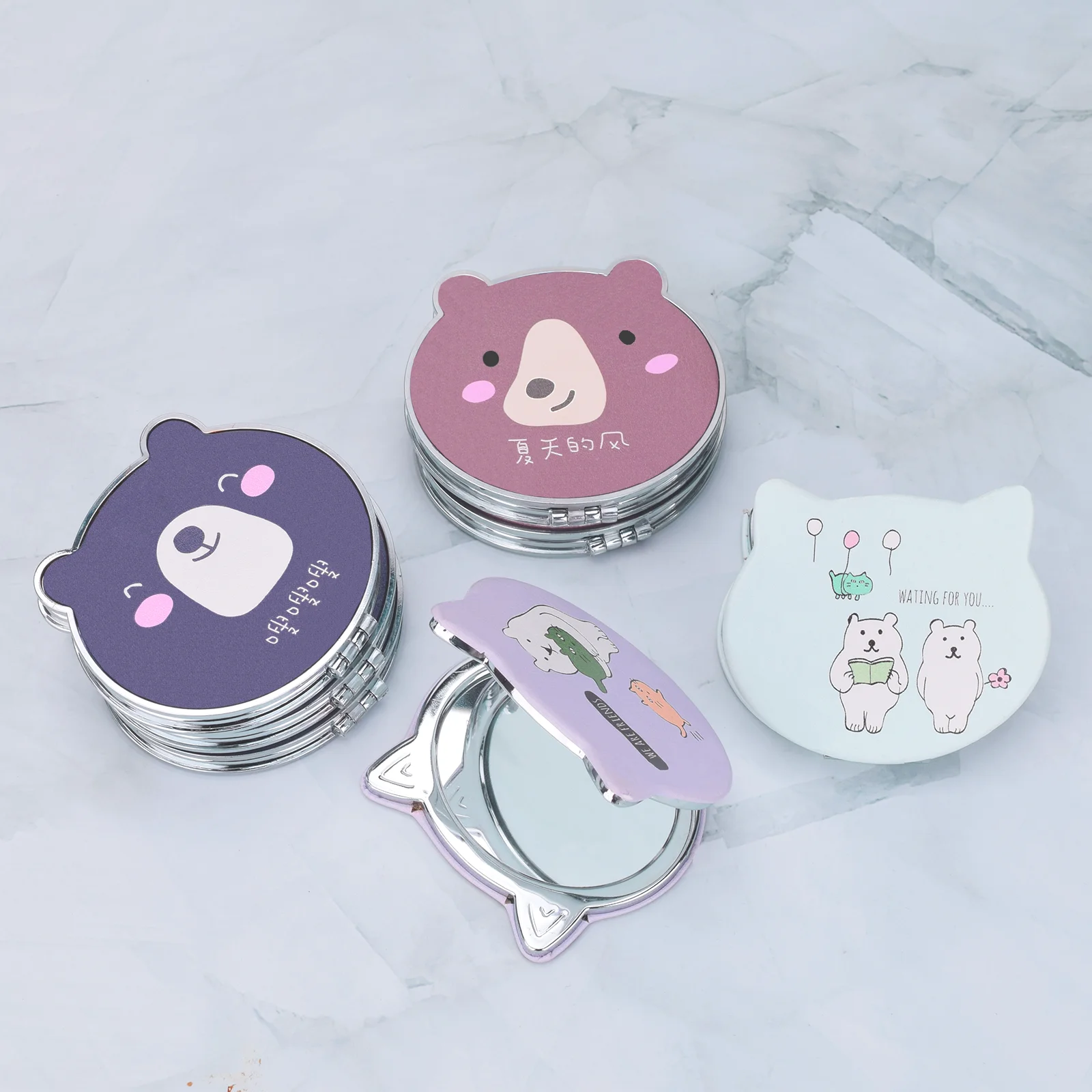 Portable Cat Plant Print Makeup Mirror PU Leather Small Round Circle Two-Sided Folding Girls Mirror
