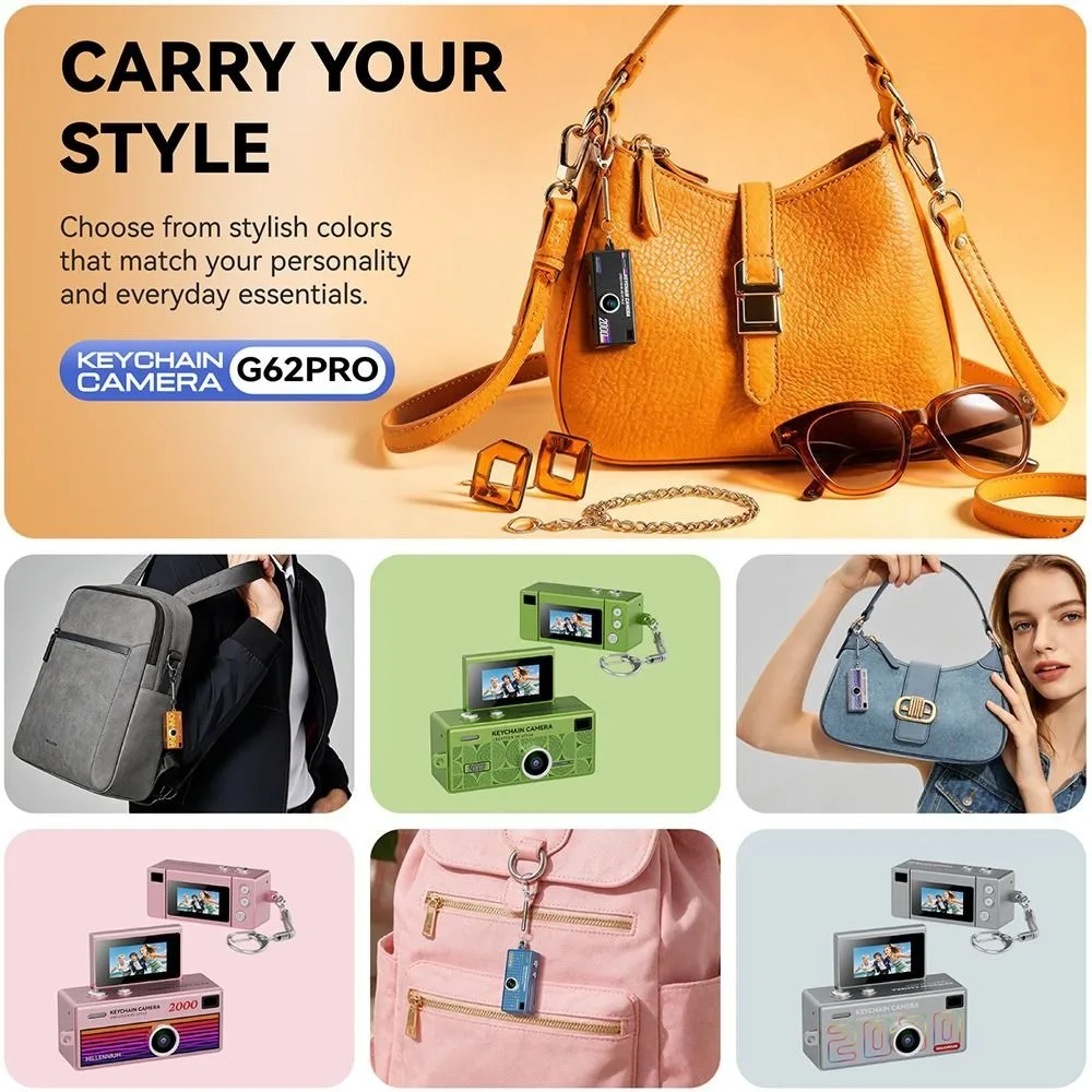 1080P HD Mini Keychain Thumb Camera Portable Compact Design Pocket Video Recorder G62Pro 180° Flip Selfie Screen Bag Charm