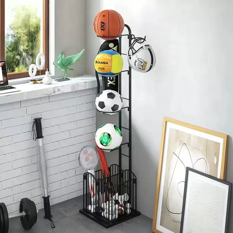Support de Rangement à 4 Niveaux, Organisateur d'Equipement de Sport avec Panier, Tiges de Suspension, pour Ballons de Football, Rugby, Volley-ball