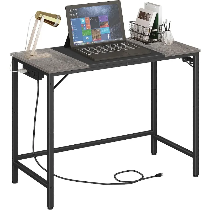 

Computer Desk, Home Office Desk with Power Outlet, Modern Study Writing Desk with 3 Hooks for Study Room