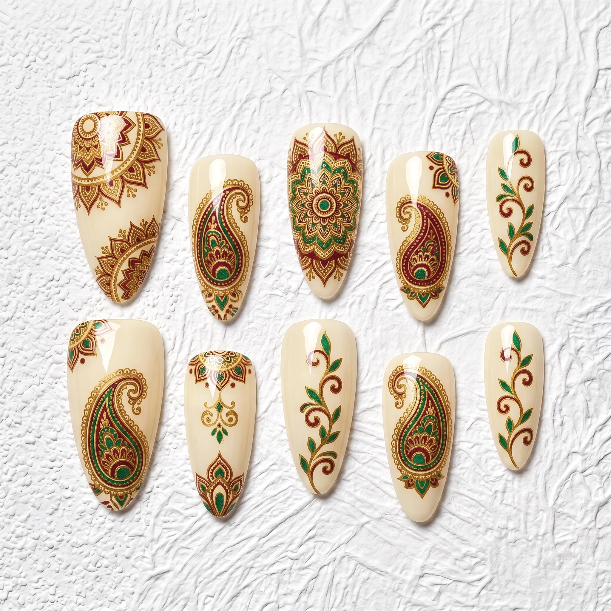 Artisan Handcrafted 10PCS Indian Heritage Almond Press-On Nails | Paisley & Mandala, Gold Leaf, Emerald & Maroon, Bridal & Eveni