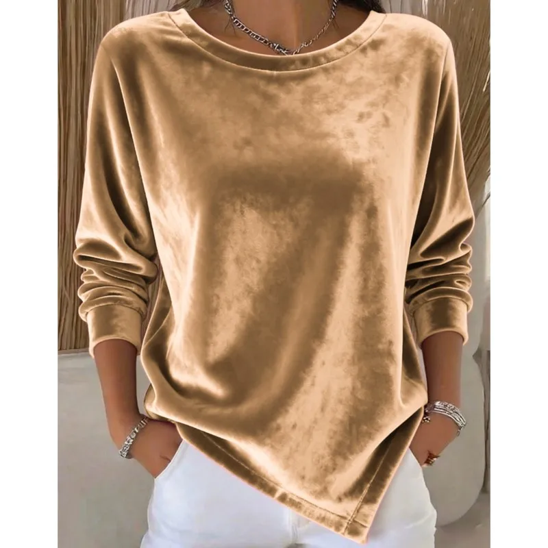 

Spring Autumn Elegant Velvet Hoodie Women's Fashion Solid O-neck Loose Long Sleeve Sweatshirt Ladies Versatile Office Blouses