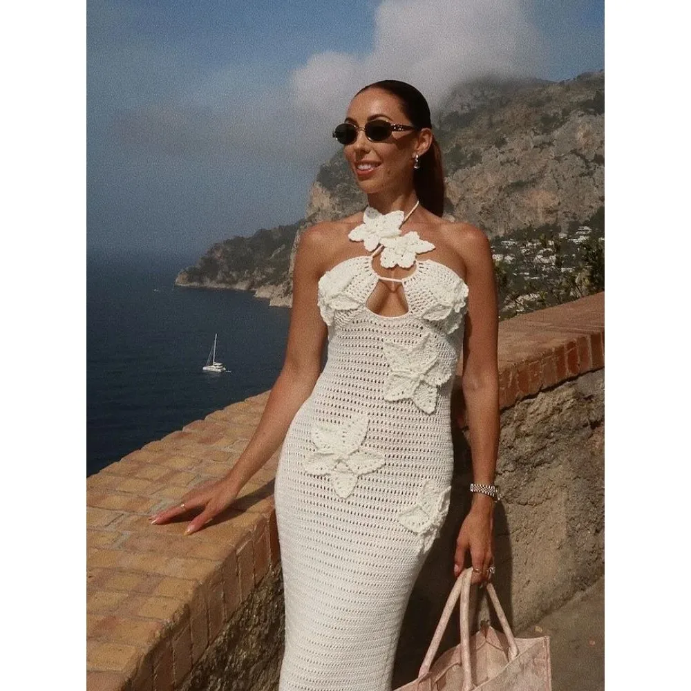 

Женское облегающее платье с открытыми плечами, связанное крючком, весна 2025, модное женское платье