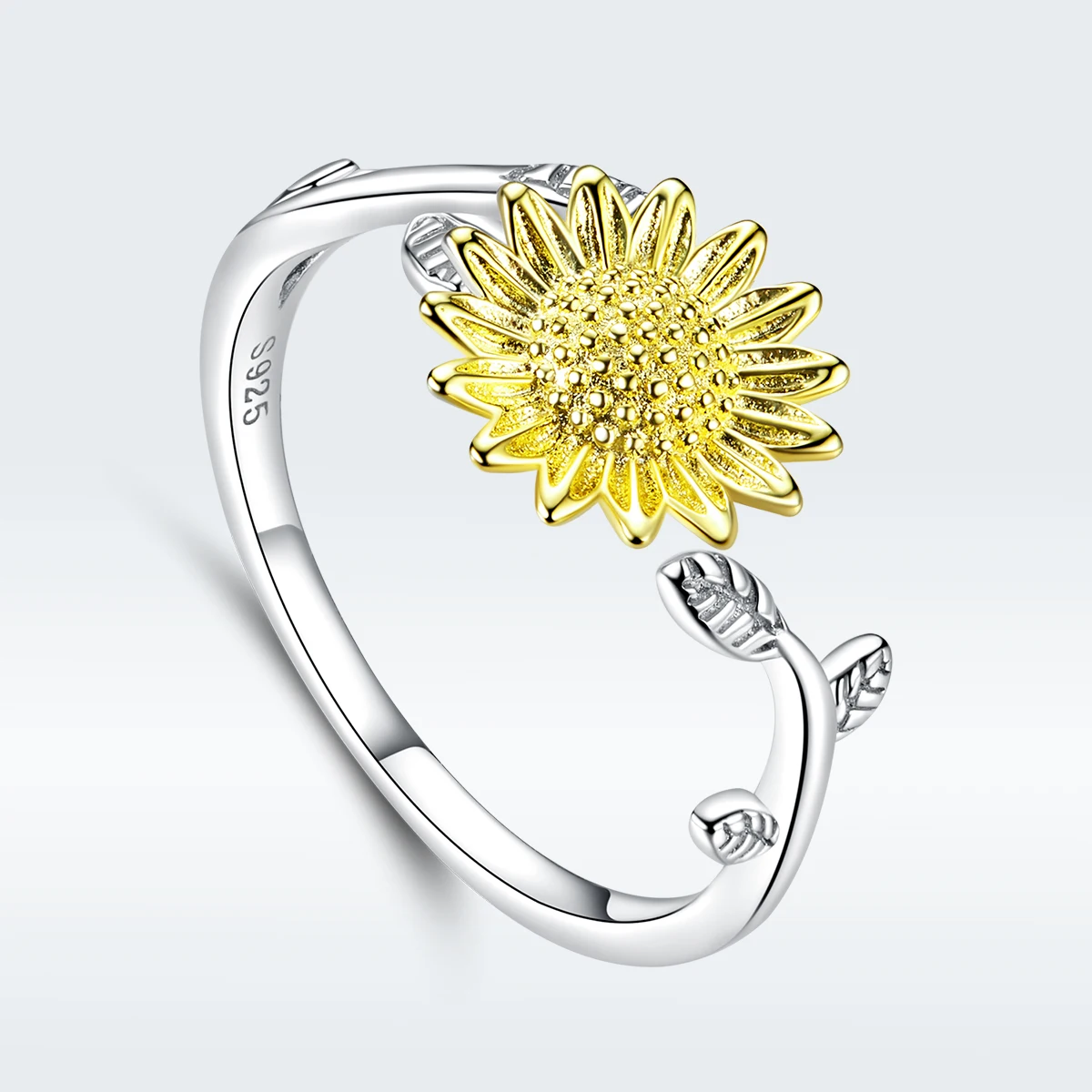 

Gold Sunflower Adjustable Ring Platinum-plated S925 Sterling Silver Fashion Temperament Girls Silver Open Rings