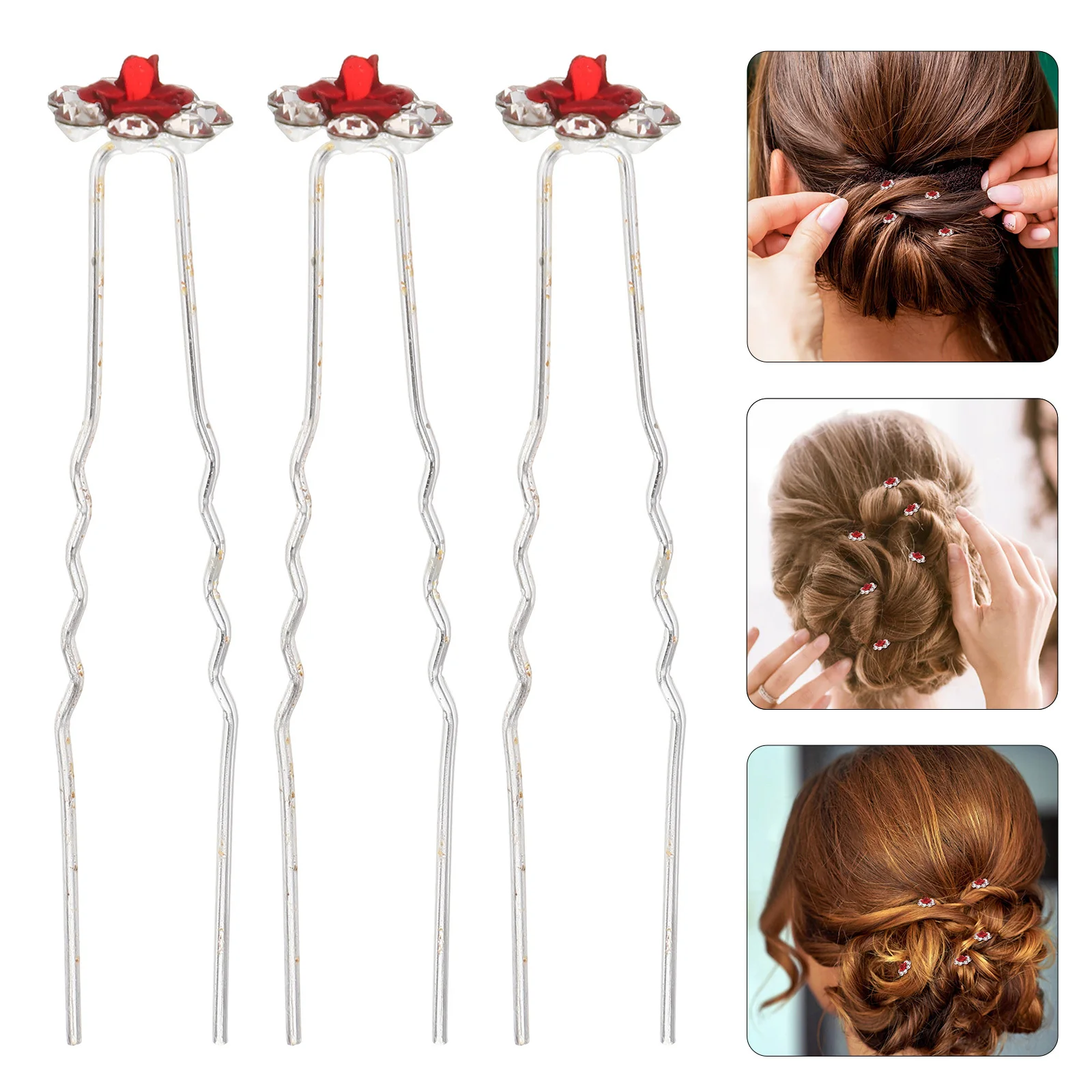 

20pcs Rose Flower Hair Pins U Shaped Crystal Rhinestone Hair Clips For Wedding Bridal Party Prom Daily Wear Red