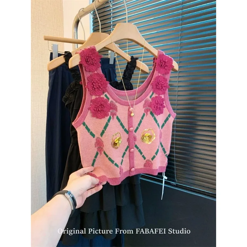 

Top Women's Summer Spaghetti Strap Tank Top 3D Floral Knit Vest Luxurious American Vintage Sleeveless New Comfortable Versatile