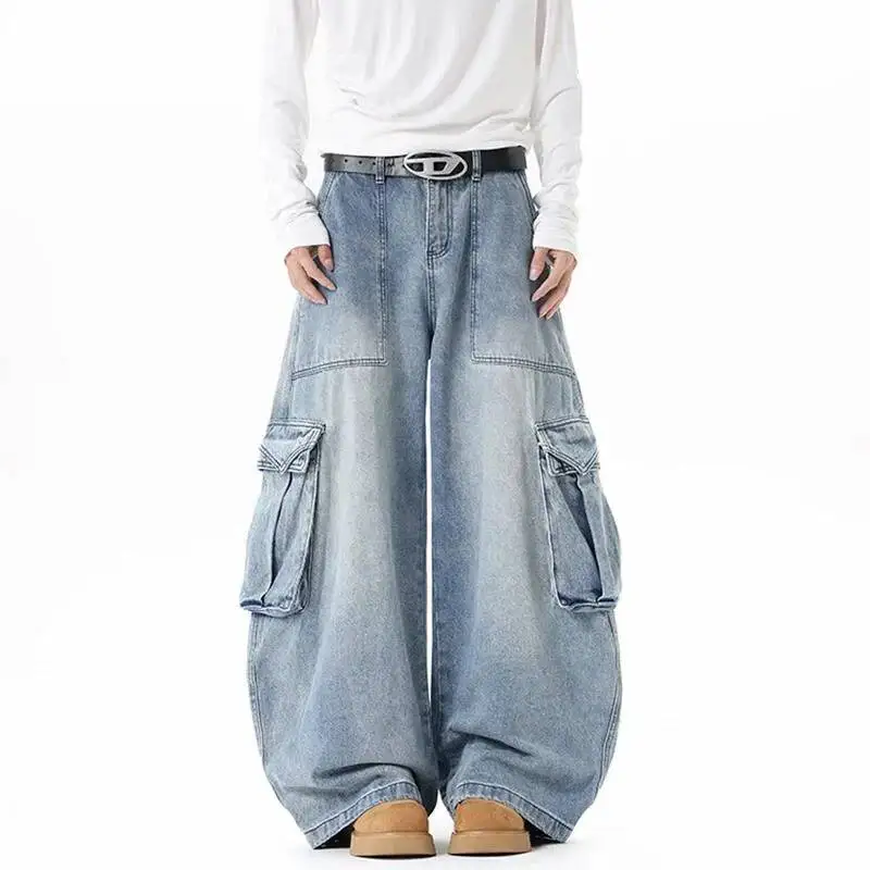 High Street Men's Jeans Solid Color Washing Multi Pockets Patchwork Denim Pants Wide Leg Male Curved Knife Bottom 95K38