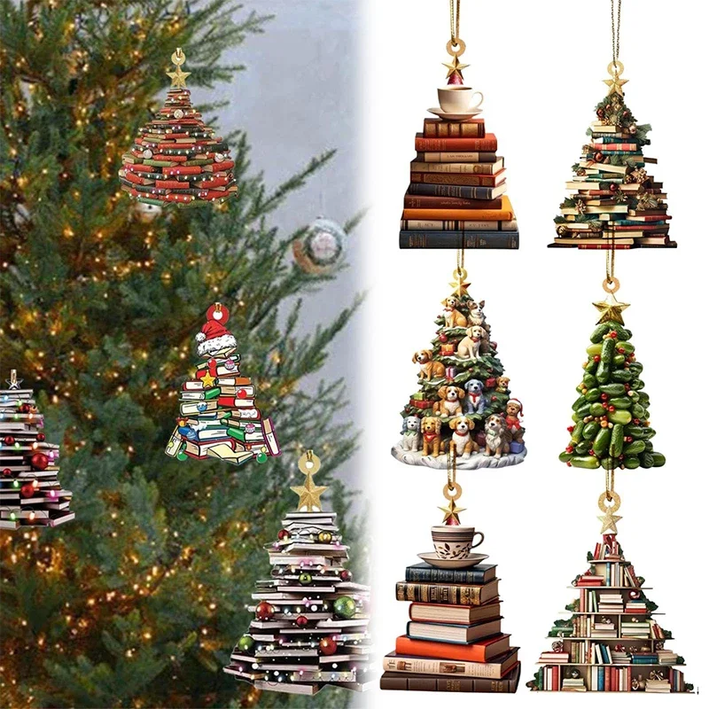 Home Tree Books Pendant, Acrylic Flat Printing, Window Hanging Decor, Gift for Book Lovers Creative Book Christmas Tree Ornament