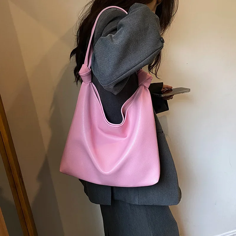 Women Shoulder Bags Summer New Fashionable Tote Simple Commuting Large Capacity Niche Solid Color Casual PU Leather Fabric