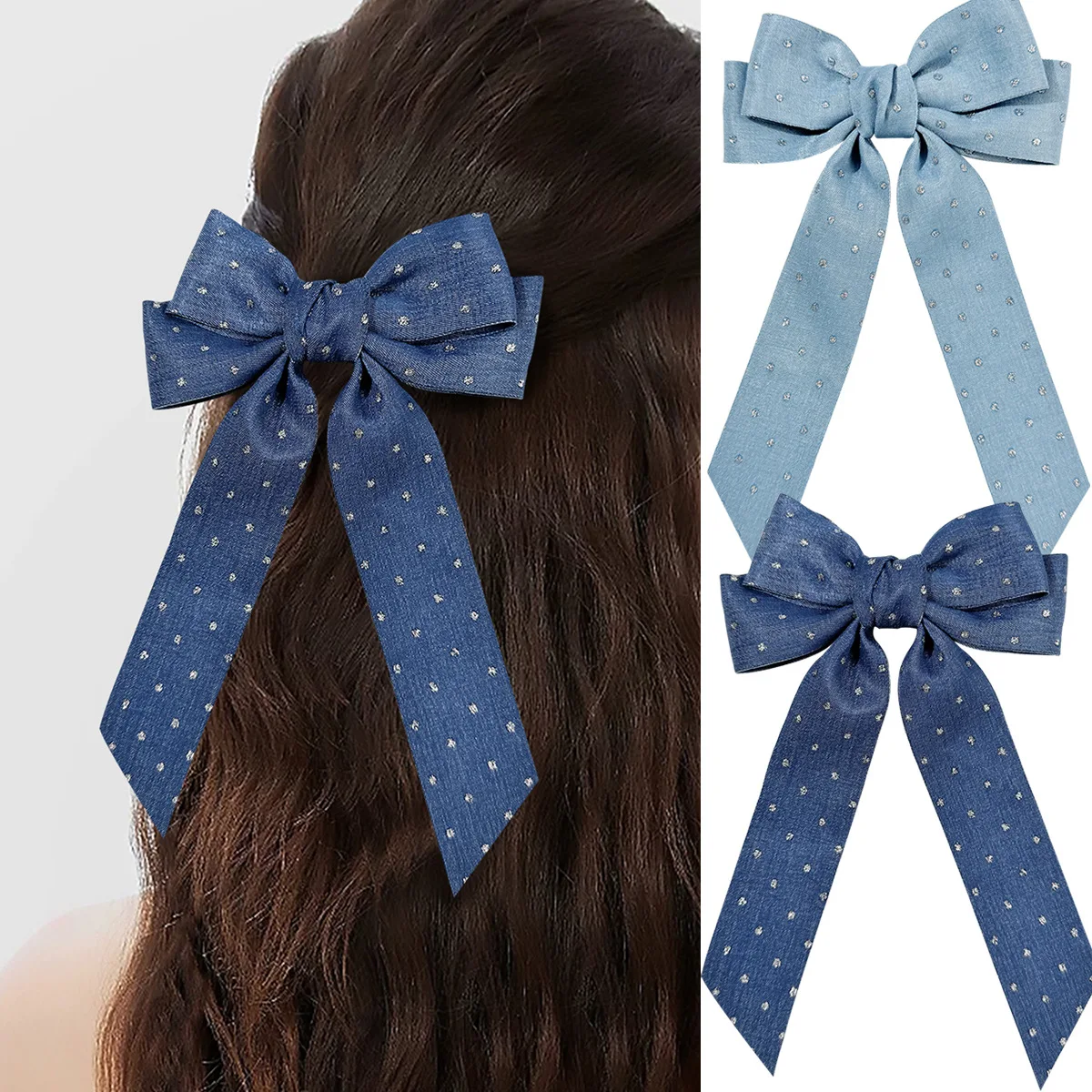 

20 шт., 5,31 дюйма, серебряная лента в горошек с бантом, заколки для волос для женщин и девочек, длинные заколки с кисточками, зажим для хвоста, аксессуары для волос