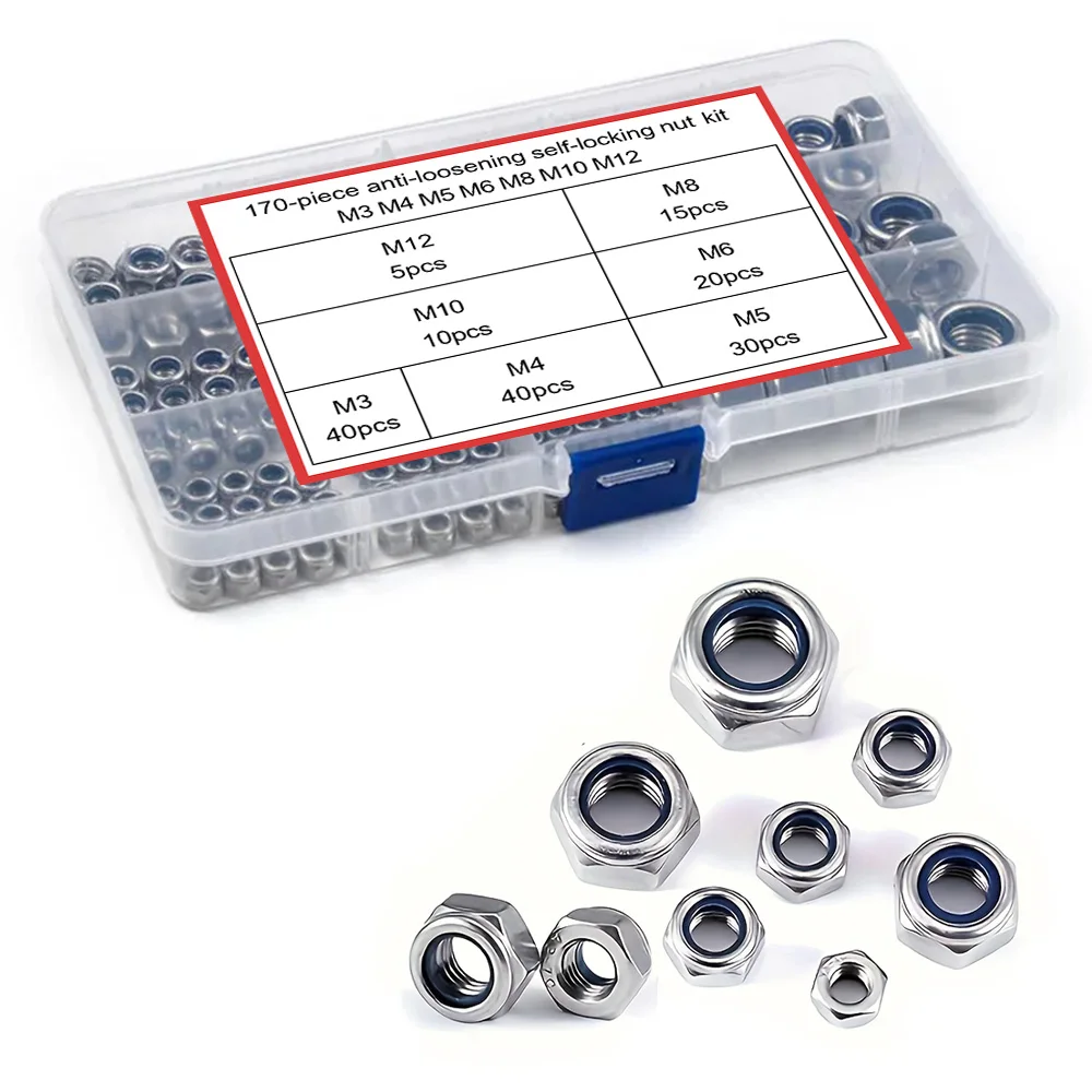 170-Piece Anti-Loosening and Anti-Slip Locking Nut Kit M3 M4 M5 M6 M8 M10 M12 Prevents Nuts from Loosening Under Vibration.
