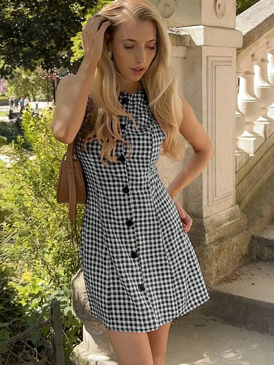 

Womens Black And White Gingham Sleeveless Button Front Midi Dress Casual Summer