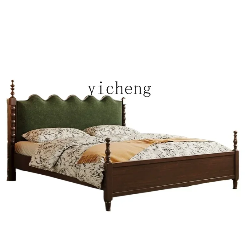 TQH antique double bed American retro all solid wood bed master bedroom new Chinese backrest soft bag wedding bed