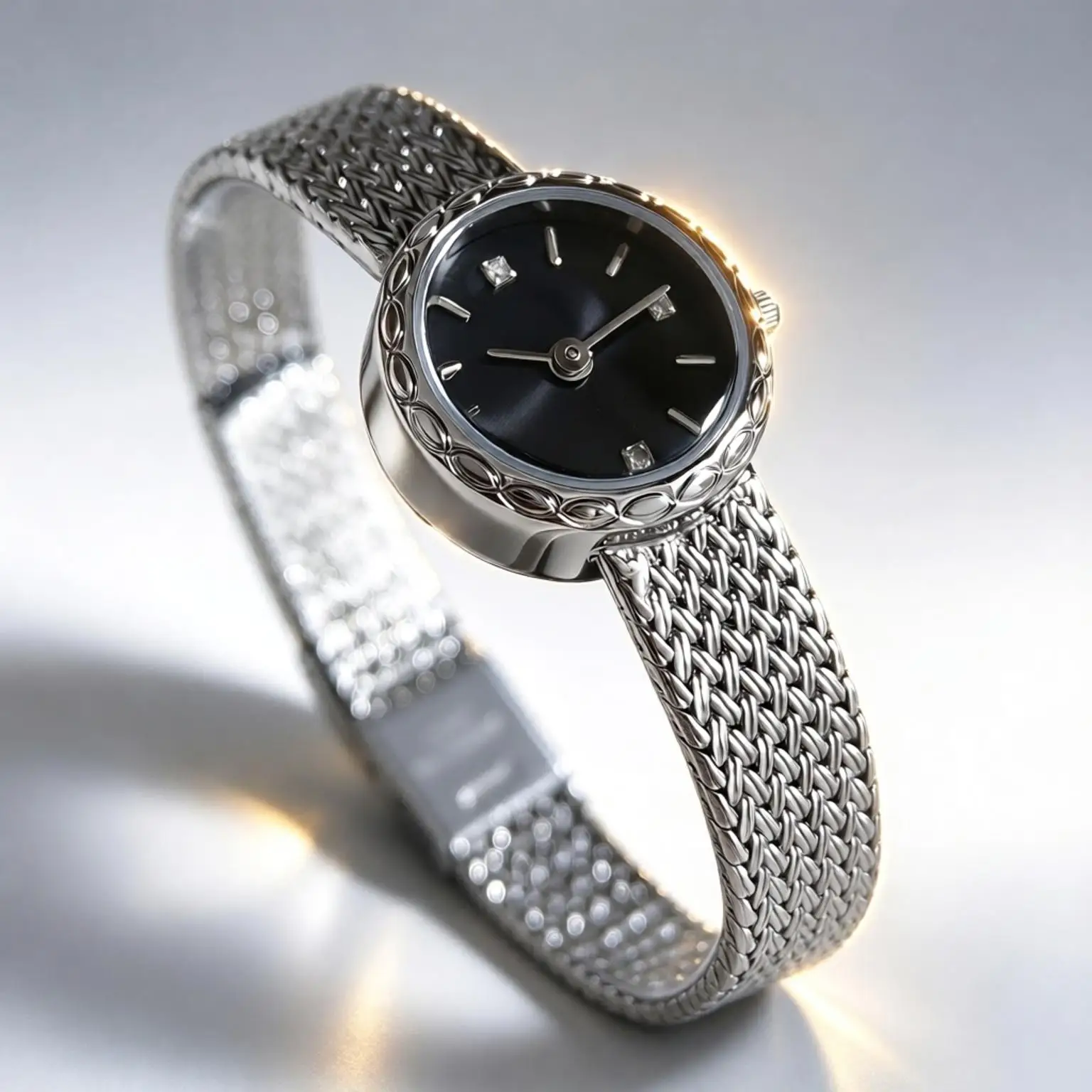 Women Quartz Wristwatch Minimalist Round Ladies Watch Braided Metal Bracelet with Fold Clasp Elegant Solid Plain Dial Wrist Watc