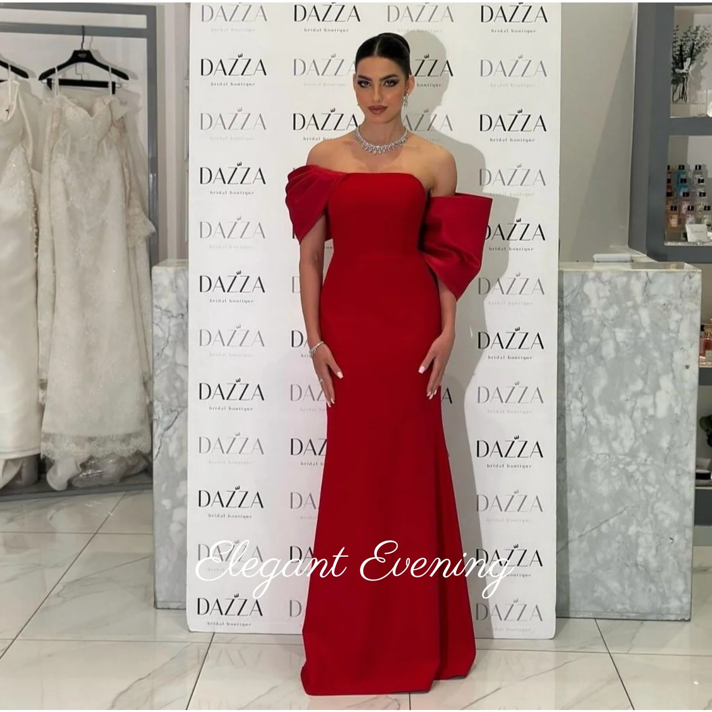 Red Off Shoulder Evening Dresses Mermaid Prom Dress Ruffled Saudi Arabia Women's Formal Request Party Wedding Dress Customized