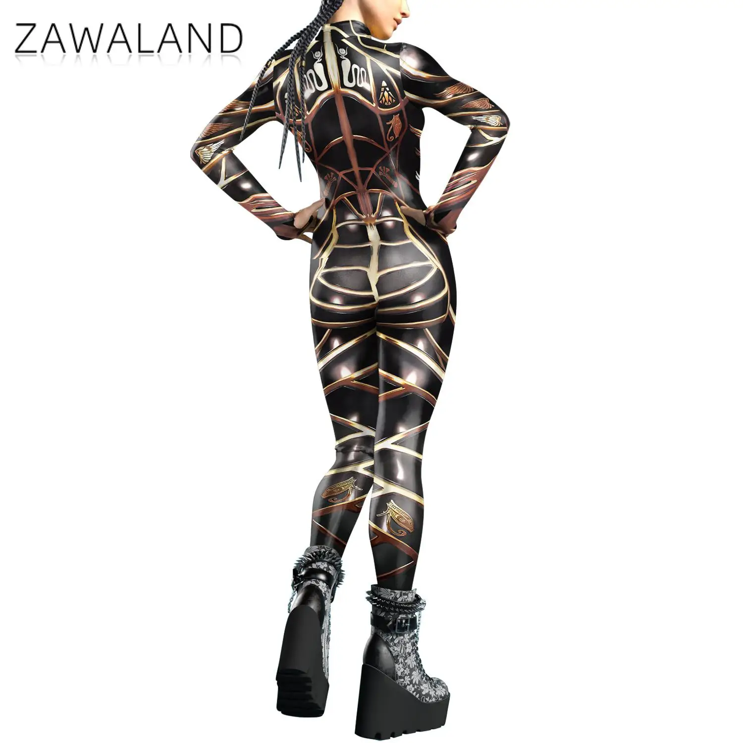 Zawaland Adult Women Bodysuit Printed Clothing Performance Holiday Party Cool Punk Robot Cosplay Costumes Female Jumpsuit