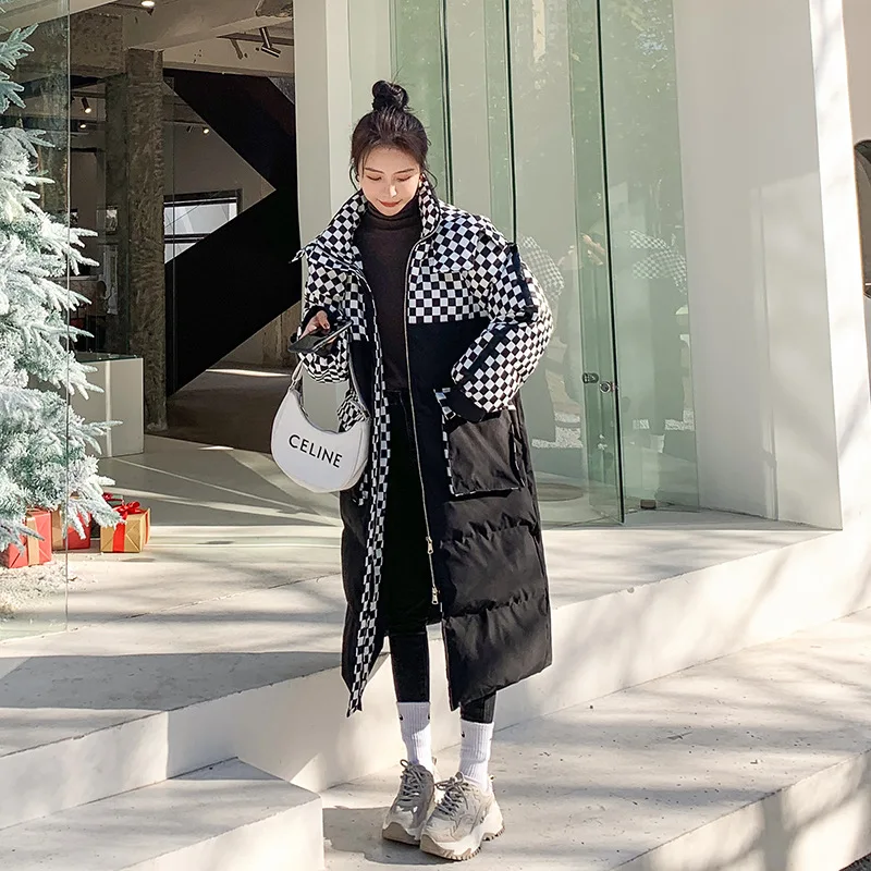 Women's Cotton Black White Plaid Spliced Jacket Mid-Length Winter New Design Fashion Windproof  warm Thickened coat Female