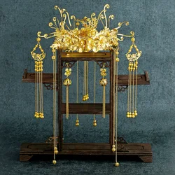 Women's Gold Plated Phoenix Hair Crown Chinese Bride Jewelry Ancient Headdress