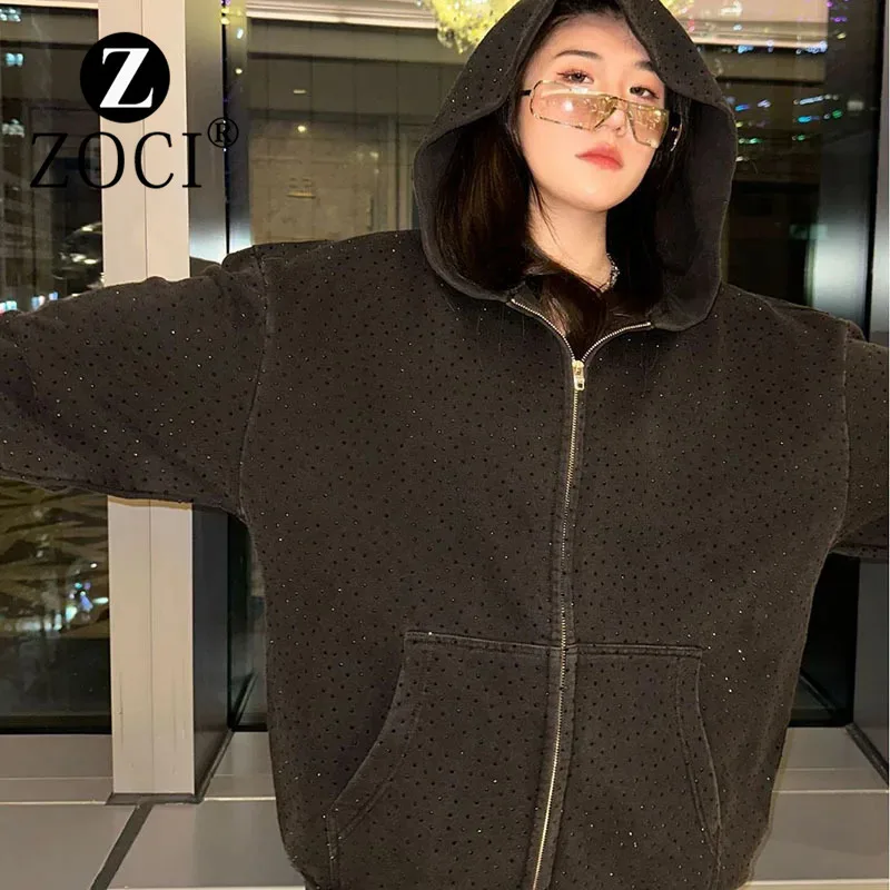 

[ZOCI] High Washed Outdated Starry Sky Full Diamond Hot Stamped Zipper Cardigan Coat