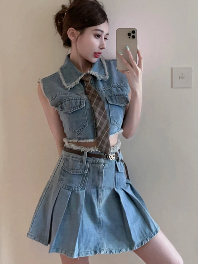 Summer Y2K Denim Sexy 2 Pieces Outfits Women Short Cropped Tops Shirt Blouse Pleated Mini Short Skirt Mujer Set Street Clothes