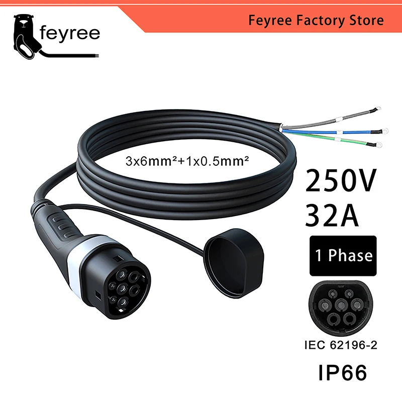 Feyree 전기 자동차용 EV 충전기 케이블, 타입 2, 32A, 7KW, 암 플러그, 16A, 3.5KW, 3 상, 11KW, 22KW, IEC62196-2 코드