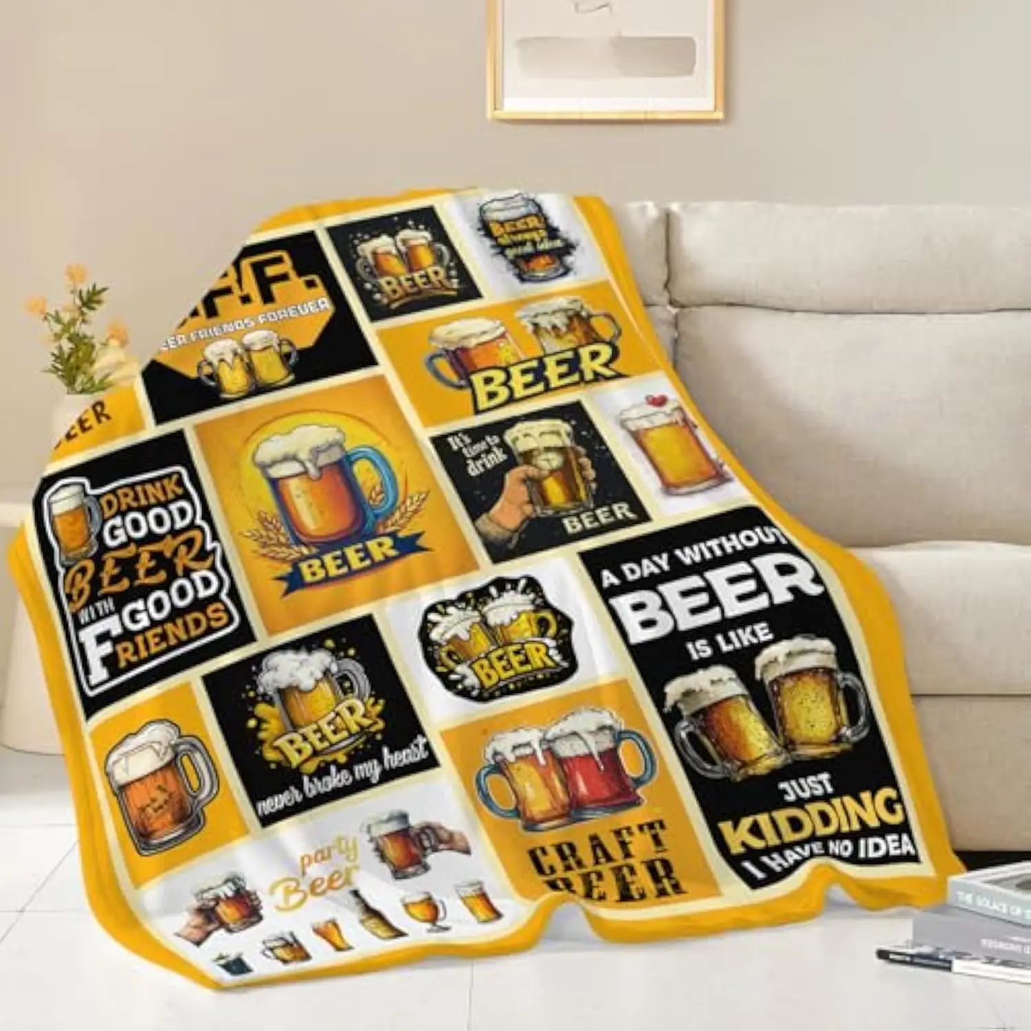 Beer Lover Collage Print Fleece Throw Blanket Soft Cozy Plush Beer Quotes Decor Gifts for Adults