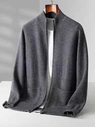 Autumn Winter Men's Wool Zipper Cardigans Thick Sweater Cashmere Mock Neck Coat 100% Merino Wool Knitwear Soft Long Sleeve Tops