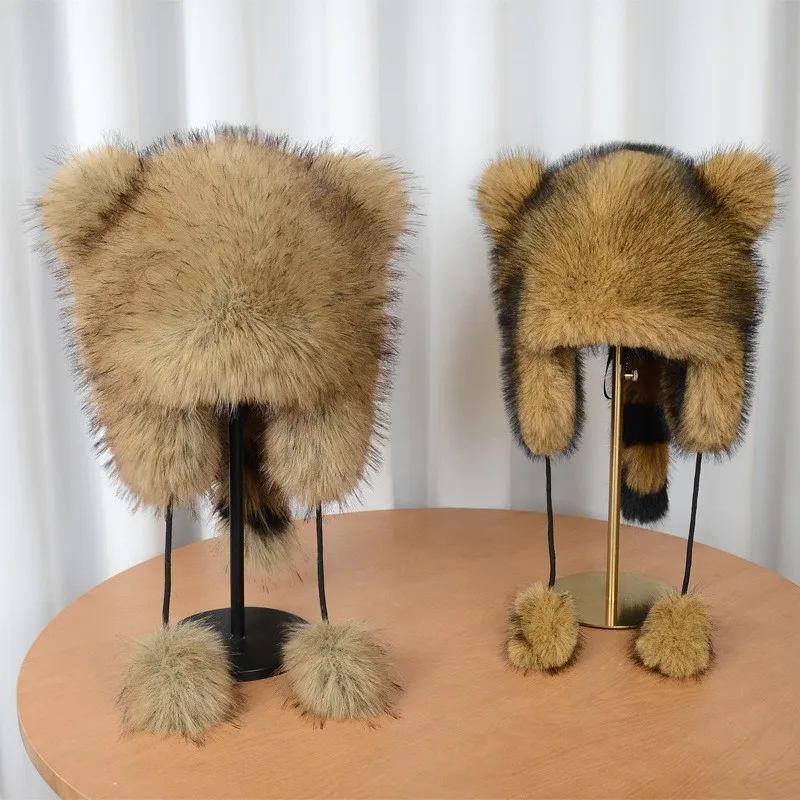 

Thickened cold-proof plush hat for children boys and girls ear windproof cute fur with tail