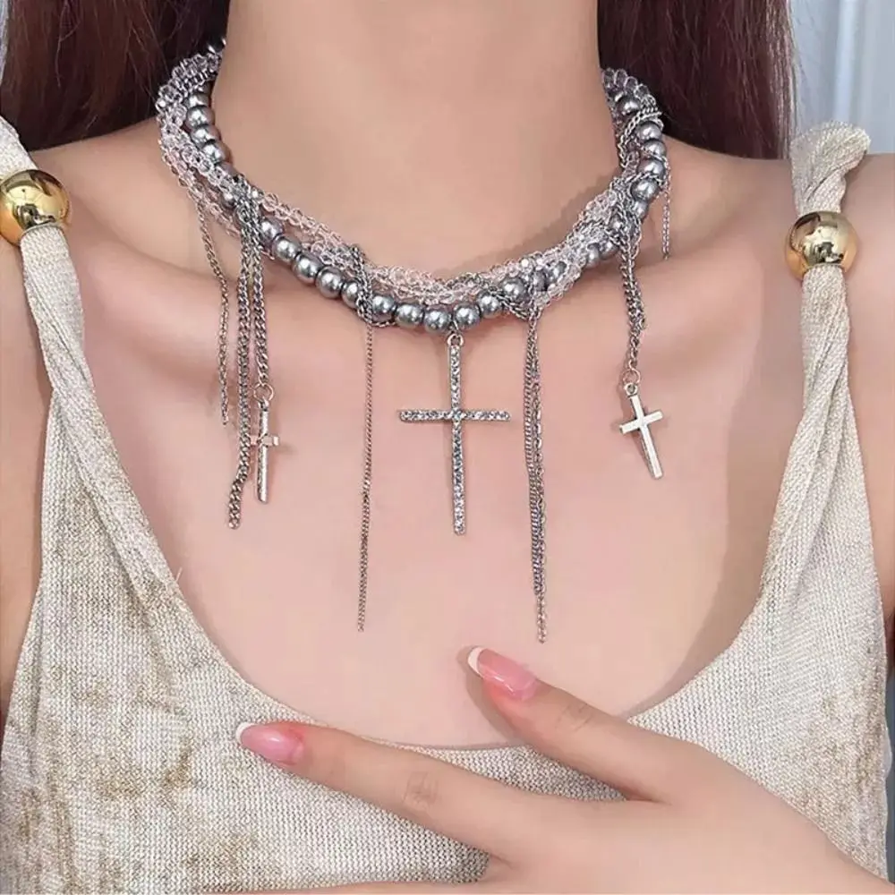 New Multi-Layer Pearl Necklace Sweet Cool Spice Girl Women's Choker Girl Daily Wear Cross Pendant Necklace