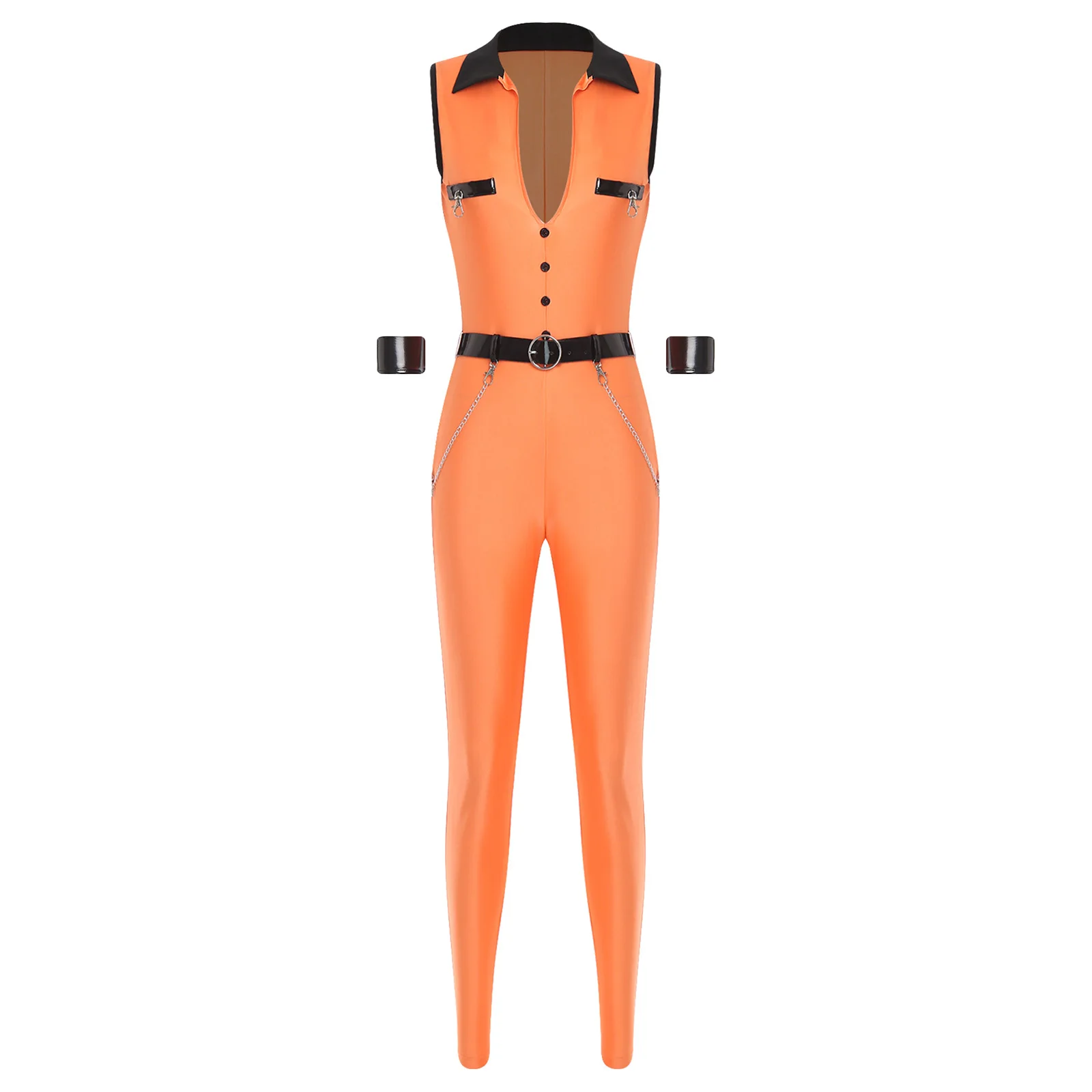 

Women Carnival Prisoner Jail Inmate Cosplay Bodysuits Sleeveless Slim Fit Orange Prisoner Jumpsuit for Halloween Party Role Play