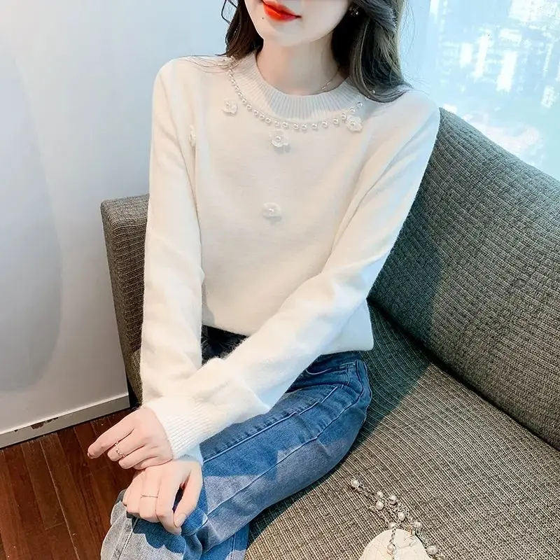 Women's Autumn Winter Round Neck Pullover Solid Tie Flowers Screw Thread Pearl Long Sleeve Sweater Knitted Office Lady Tops