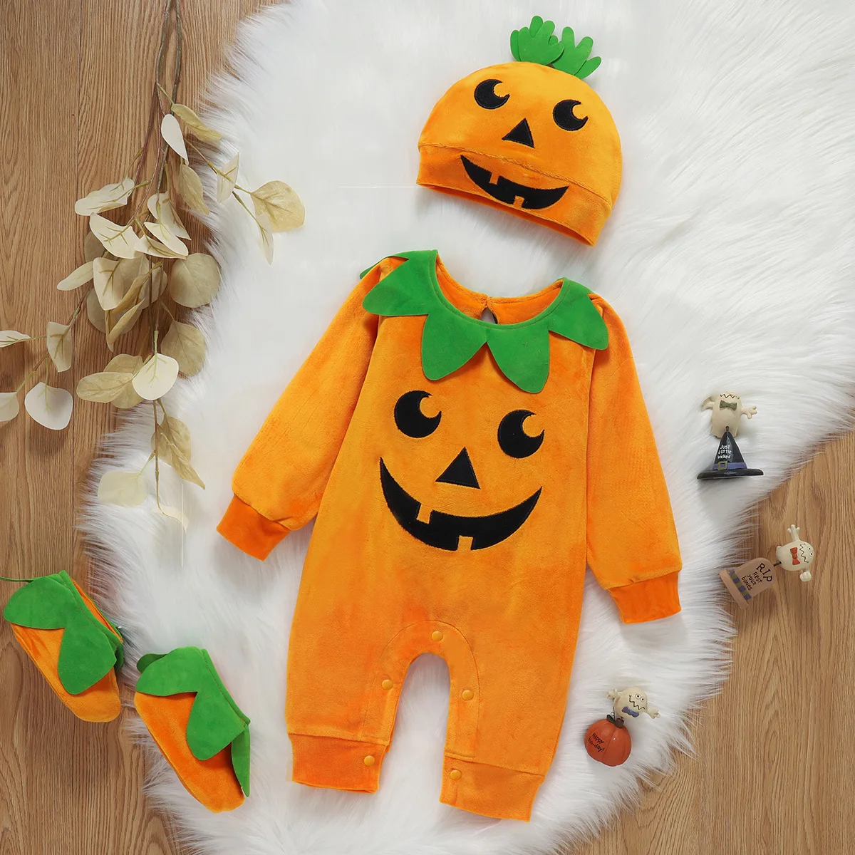 2025 Halloween nouveau bébé Onesie décontracté mignon imprimé Onesie citrouille chapeau à manches longues escalade costume trois pièces ensemble