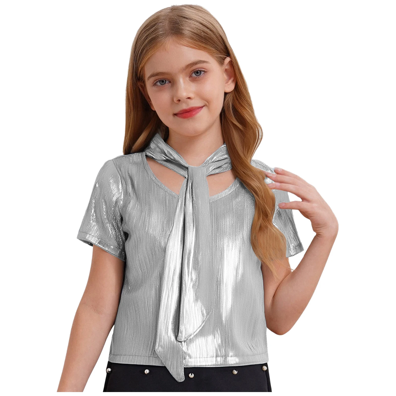 

Kids Girls Summer Shirt Hip-Hop Jazz Dance Top Shiny Metallic Ribbed Lace-up Round Neck Short Sleeve Crop Top T-shirt Streetwear