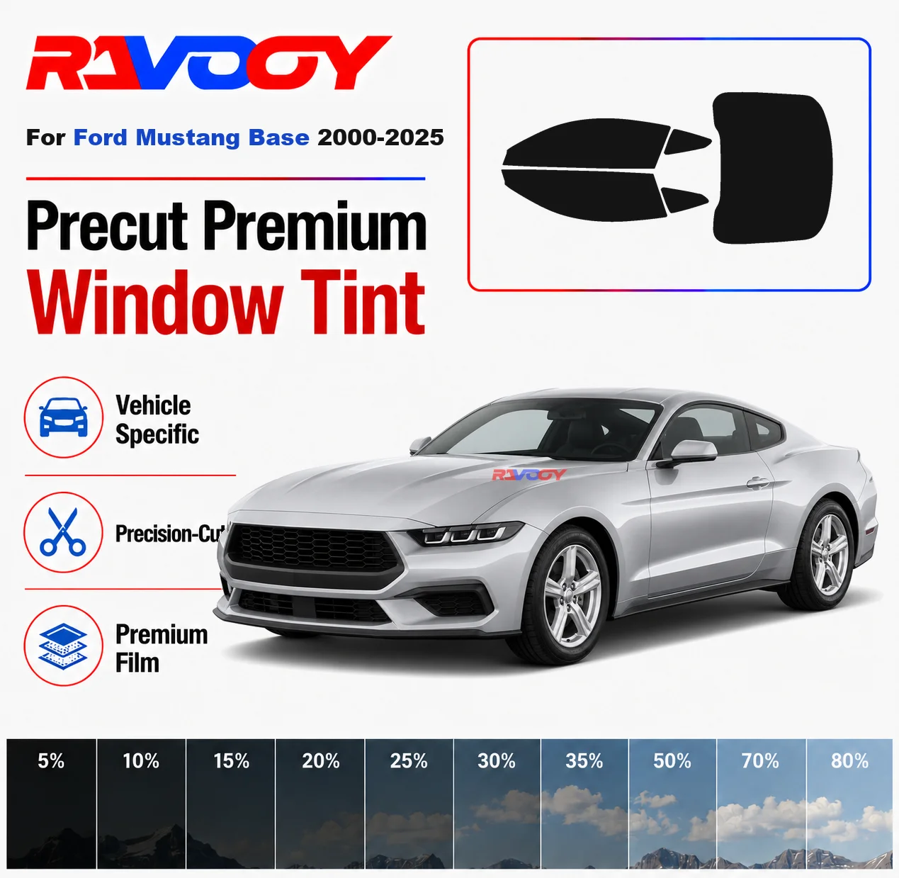 Premium Precut Window Tint Kit Front Rear Windows Rear Windshield For Ford Mustang Base 2000-2025 Complete Set Nano Ceramic Film