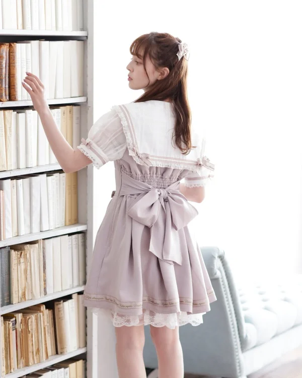 Japanese Mine Style Sail Collar Flare Sleep Lace Stitching Lace-up Bow Love Heart Buckle Sweet Cute Lolita Short Dress Women