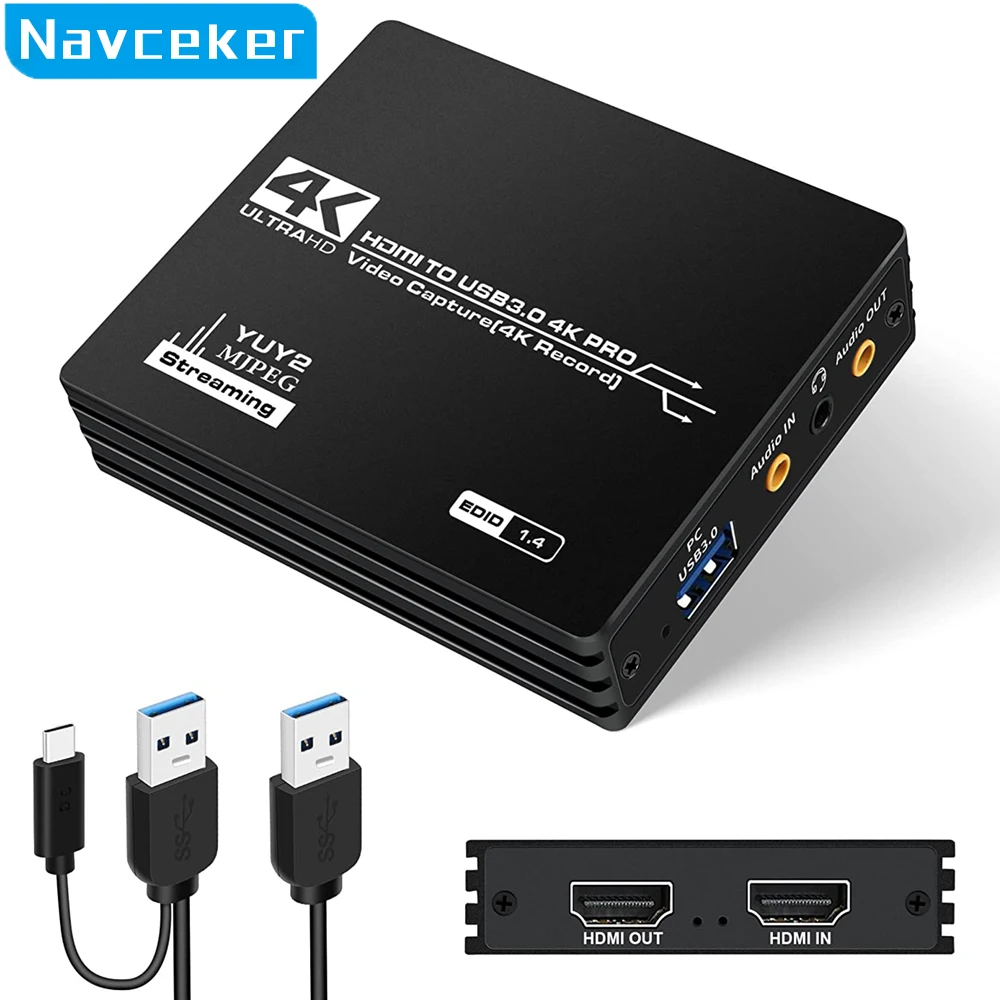 Navceker 4K Pro USB 3.0 karta przechwytywania wideo kompatybilny z HDMI 1080P 60fps HD wideorejestrator Grabber do OBS przechwytywania gry na żywo