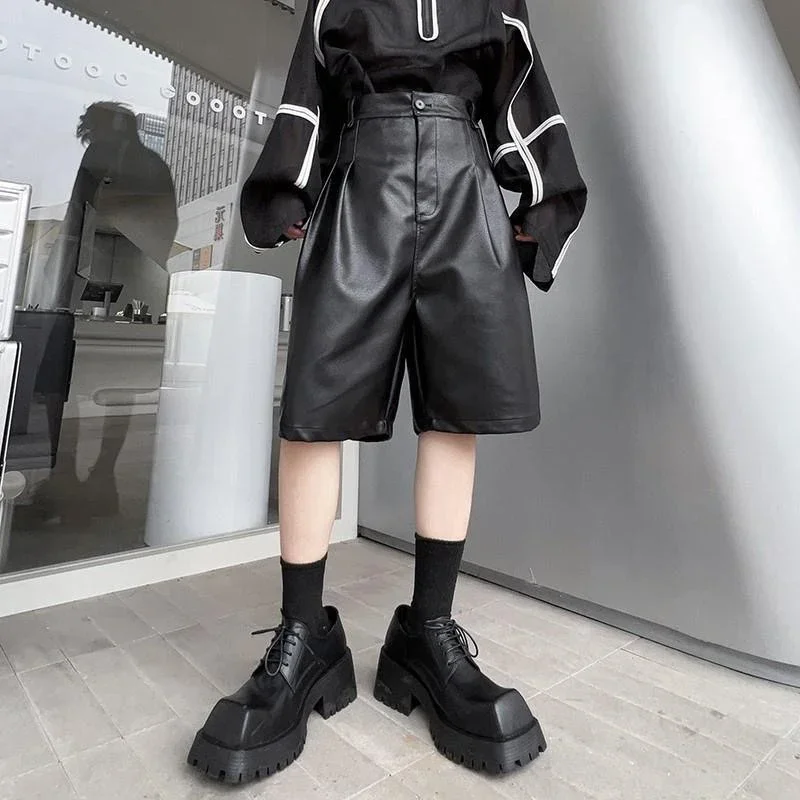 Men's Matte Leather Shorts with Pocket High Waist Loose Pu Shorts Streetwear Male Punk Stage Performance  Shorts Clubwear Custom