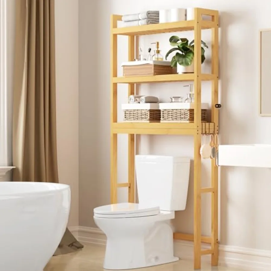 

Over The Toilet Storage Cabinet, 3-Tier Bamboo Bathroom Organizers with Adjustable Shelf and 4 Hooks, Space Saving Shelf Rack f