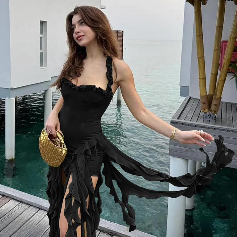 

Summer Senior Sense Y2k Sexy Halter Spice Girl Dresses Summer New Sexy Backless Hanging Neck 2025 Slim Sleeveless Midi Dress