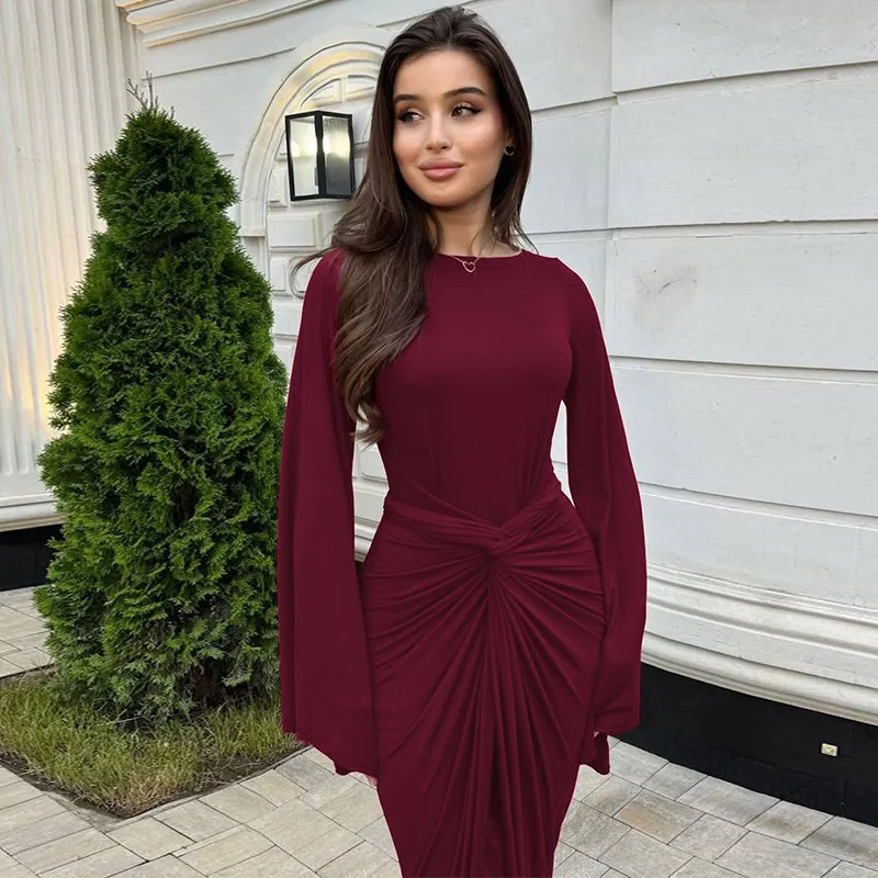 Blifanbo Herbst Elegante Geraffte Maxi Kleid Für Frauen Lace-up Langarm O Neck Bodycon Langes Kleid Schlank Neue fashion Solid Vestido
