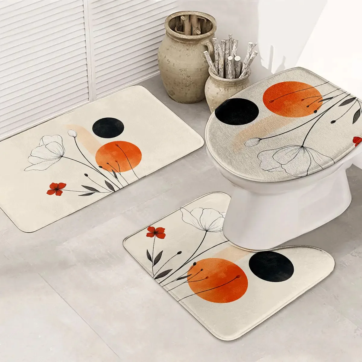 

Минималистичный набор для ванной из 3 предметов – бежевый и черный абстрактный дизайн, мягкая нескользящая крышка для унитаза и коврик U-образной формы, толстая подушка для современной ванной комнаты.