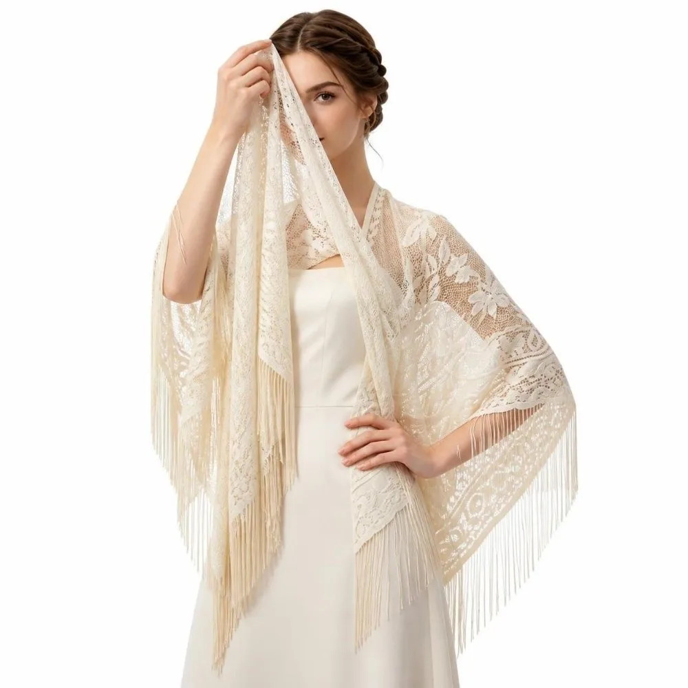 Floral Embroidery Women Lace Scarf Transparent Mesh With Tassels Evening Prom Cape Lightweight Tulle Wedding Bridal Shawl