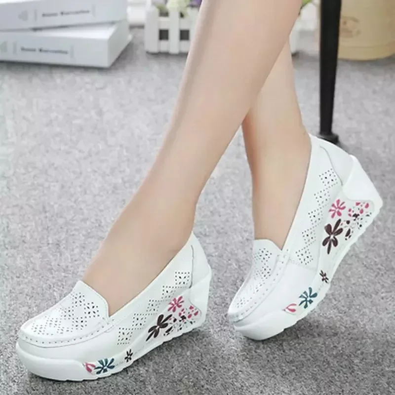 SNURULAN New Women\'s Genuine Leather Platform Shoes Wedges White Lady Casual Shoes Swing mother Shoes Size 35-40