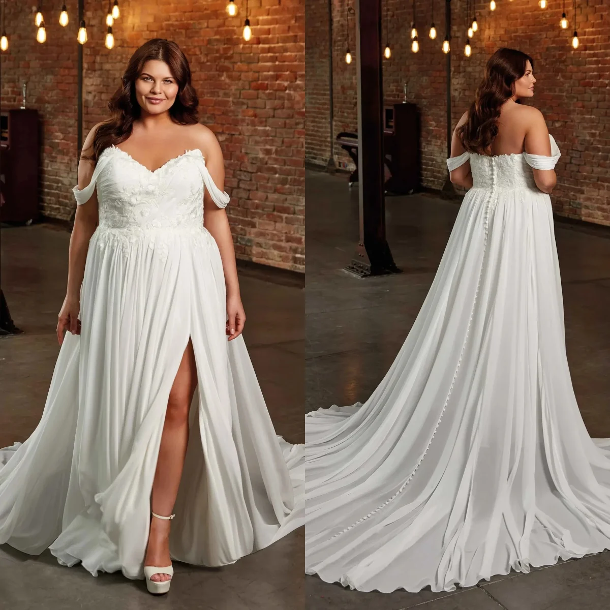 Off Shoulder Chiffon Wedding Dresses Lace Appliques A Line Bridal Gowns Side Split Floor Length Customized Vestidos De Mariee
