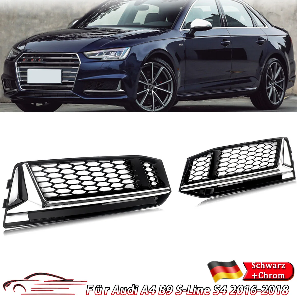 

Fog Covers For Audi A4 B9 S-Line S4 2016 2017 2018 Prestige Sedan 4-Door Chrome Black Honeycomb Fog Light Grille Cover