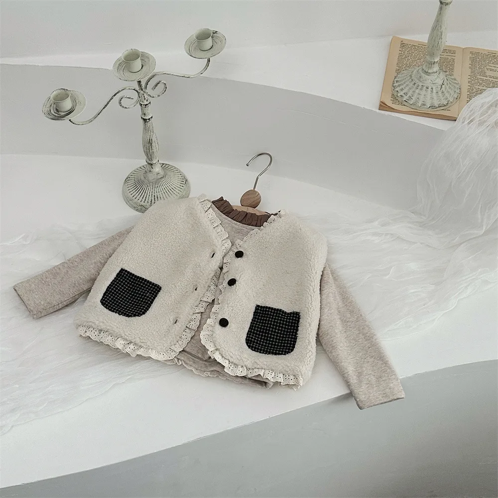 Baby Clothes Kids Casual Coat 2024 Autumn and Winter Velvet Vest Boys and Girls Lace Pocket Warm Lamb Wool Comfortable Vest