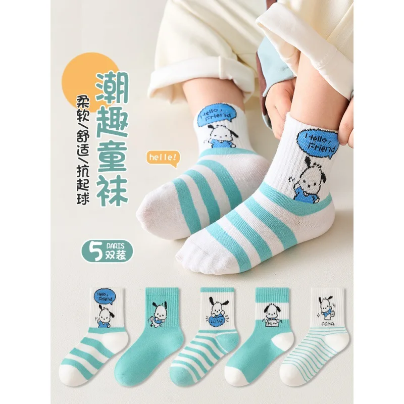 

5 Pairs Of Sanrio Pochacco Children Socks New Cute Spring Summer Fall And Winter Season Cartoon Boys And Girls Cotton Socks Gift